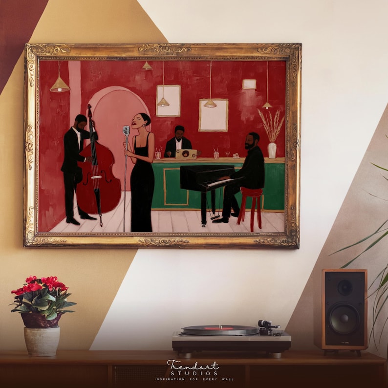 Framed horizontal African American art print showing a soulful jazz band performance in a moody red room