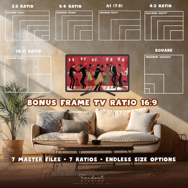 Comprehensive size guide for printable wall art showing 7 different aspect ratios including 2:3, 3:4, 4:5, and square, plus a bonus 16:9 ratio for Samsung Frame TV.