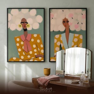 Whimsical art print close-up — expressive woman figure in golden mustard polka dot suit with blush pink bow, teal sage background and painterly grain texture