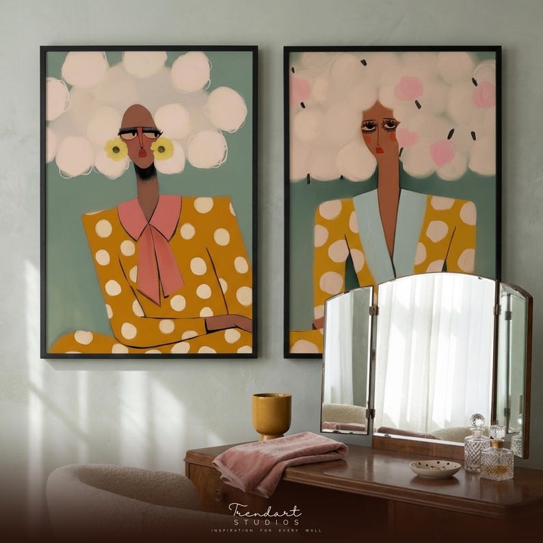 Whimsical art print close-up — expressive woman figure in golden mustard polka dot suit with blush pink bow, teal sage background and painterly grain texture