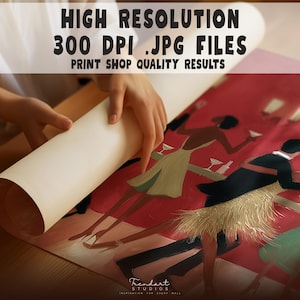 High resolution 300 DPI JPG files infographic showing a person unrolling a large printable art poster with vibrant red colors and detailed mid-century modern jazz figures.