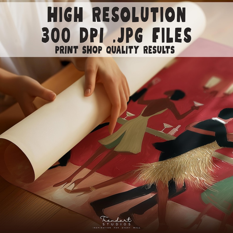 High resolution 300 DPI JPG files infographic showing a person unrolling a large printable art poster with vibrant red colors and detailed mid-century modern jazz figures.
