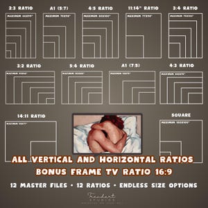 An informative infographic displaying various aspect ratios including 2:3, 4:5, ISO A, and a bonus 16:9 Frame TV ratio. It shows how the digital print can be resized for endless size options up to a maximum printing size of 100 inches for large walls.