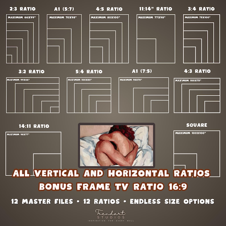 An informative infographic displaying various aspect ratios including 2:3, 4:5, ISO A, and a bonus 16:9 Frame TV ratio. It shows how the digital print can be resized for endless size options up to a maximum printing size of 100 inches for large walls.
