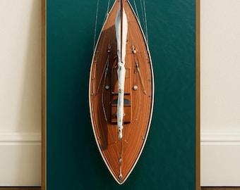 May include: A framed print of a wooden sailboat, viewed from above, floating on teal water. The boat has a white sail and is surrounded by a brown frame. The boat's wooden deck is visible.