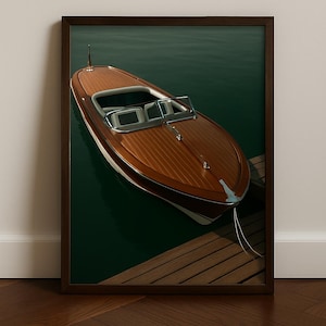 May include: A framed print of a classic wooden speedboat floating on dark green water. The boat has a brown wooden hull, a white stripe, and a windshield. It is tied to a wooden dock. The frame is dark brown.
