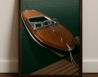 May include: A framed print of a classic wooden speedboat floating on dark green water. The boat has a brown wooden hull, a white stripe, and a windshield. It is tied to a wooden dock. The frame is dark brown.