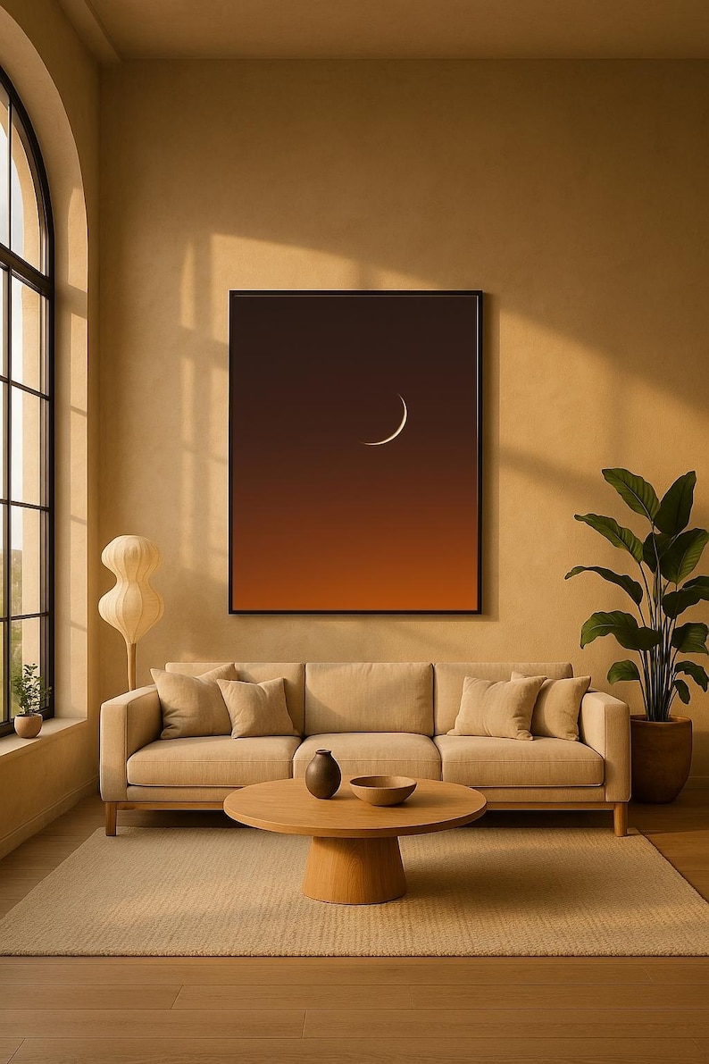 May include: A modern living room with a beige sofa, round wooden coffee table, and a large framed art piece depicting a crescent moon against a gradient orange and brown sky. A potted plant and a floor lamp add to the decor.