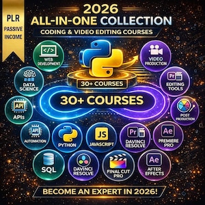 Op de afbeelding: Een promotionele afbeelding voor een all-in-one collectie van codeer- en videobewerkingscursussen in 2026. De afbeelding toont een centraal Python-logo, omringd door iconen die webontwikkeling, datawetenschap, API's, automatisering en meer vertegenwoordigen. Tekst: "Word een expert in 2026!"