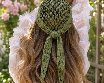 Sage Diamond-Mesh Crochet Bandana PDF Pattern, Bohemian Tie-Back Hair Scarf, Lightweight Summer Headscarf Kerchief, Instant Digital Download