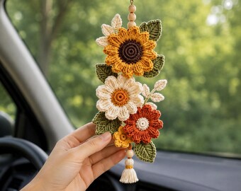 Sunflower Car Mirror Hanging Crochet Pattern PDF, Wildflower Ornament, Floral Rearview Decor, Photo Tutorial