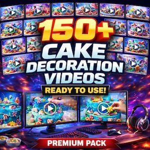 May include: A promotional image for cake decorating videos. The image features multiple screens displaying cake tutorials, with the text "150+ CAKE DECORATION VIDEOS READY TO USE!" in large, bold letters. The words "PREMIUM PACK" are also visible.