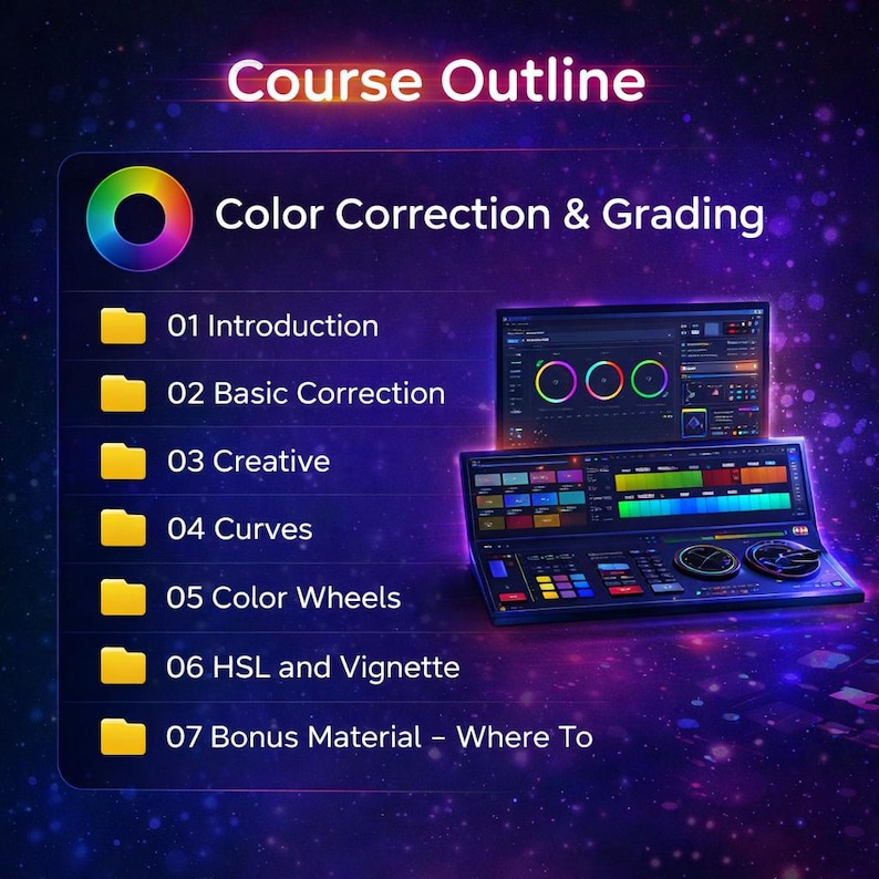 May include: A digital graphic with the text "Course Outline" and "Color Correction & Grading." The image features a color wheel icon, a list of topics, and two computer screens displaying color correction software interfaces. The background is a dark purple with a starry effect.