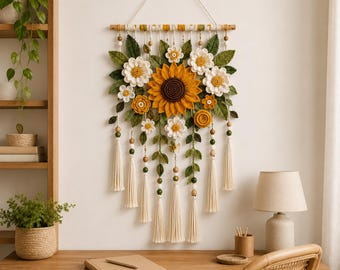 Sunflower & Daisy Crochet Wall Hanging Pattern PDF, Boho Floral Home Decor Tutorial, Botanical Tapestry Digital Download