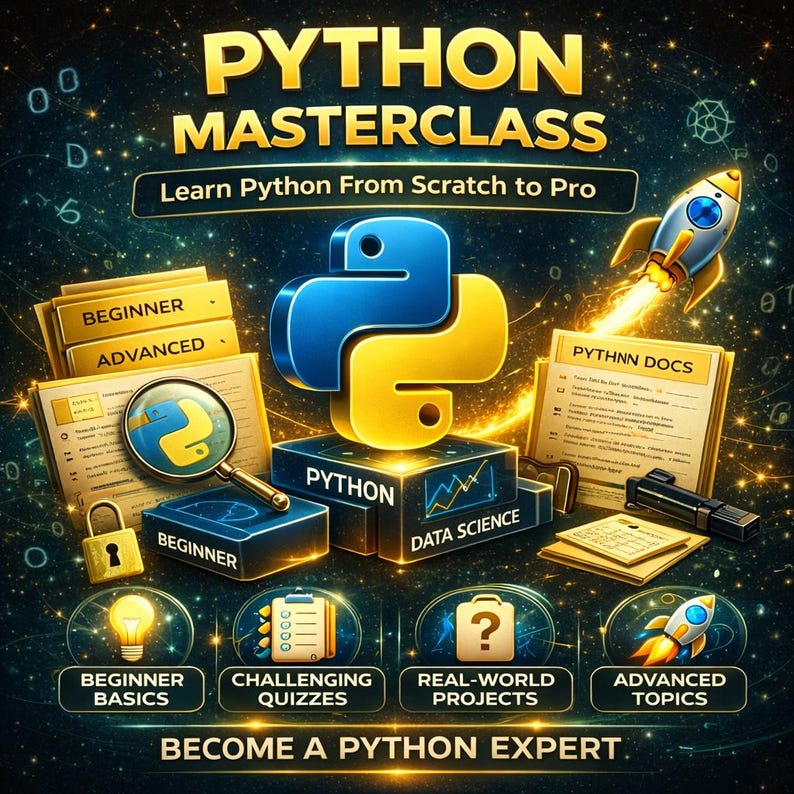 Puede incluir: Un gr&aacute;fico digital que promociona una Masterclass de Python. La imagen presenta el logotipo de Python, un cohete y el texto "Learn Python From Scratch to Pro". El texto adicional incluye "Beginner Basics", "Challenging Quizzes" y "Become a Python Expert."