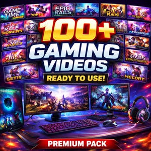 May include: A digital gaming setup with three monitors, a keyboard, and a mouse. The image features the text "100+ GAMING VIDEOS READY TO USE!" and a "PREMIUM PACK" banner. Various game thumbnails are displayed.