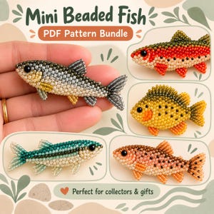 Puede incluir: Una colección de cinco figuras de peces con cuentas mostradas en un paquete de patrones PDF. Los peces están hechos de pequeñas cuentas de vidrio de colores en tonos gris, rojo, amarillo, verde y naranja, cada uno con una cuenta negra por ojo.
