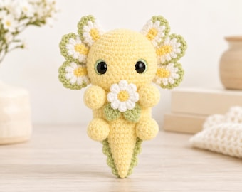 Daisy Axolotl Crochet Pattern PDF, Floral Amigurumi Plush, Yellow Salamander Stuffed Animal, Spring Crochet Toy Pattern