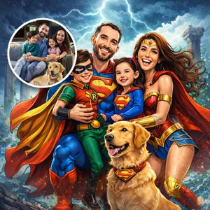 May include: Digital illustration of a family dressed as superheroes, including Superman, Wonder Woman, and Robin. A golden retriever dog with a Superman logo collar is also featured. A smaller inset image shows the family in casual clothes.