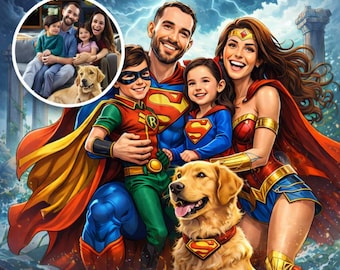 Portrait comique de super-héros personnalisé - cadeau de famille dessin animé personnalisé, oeuvre d'art vintage rétro pour couples, mamans et papas, oeuvre d'art personnalisée unique