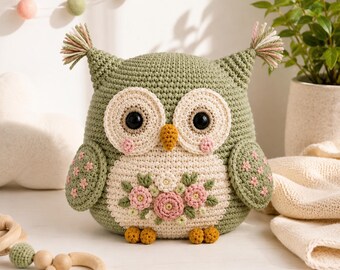 Floral Owl Crochet Pillow Pattern PDF, Stuffed Owl Cushion Tutorial, Early Intermediate Nursery Decor, Handmade Gift, DIY Instant Download