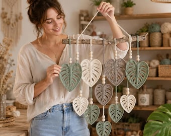 Feuille de Monstera, tenture murale au crochet, motif PDF, tutoriel photo feuille bohème, décoration murale bricolage en macramé, téléchargement numérique