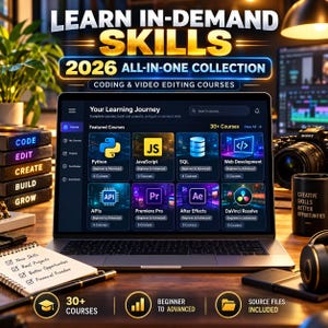 May include: A laptop screen displays a learning platform interface with course icons for Python, JavaScript, SQL, Web Development, APIs, Premiere Pro, After Effects, and DaVinci Resolve. Text reads Learn In-Demand Skills 2026 All-In-One Collection.