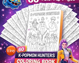 60 páginas imprimibles para colorear de K-pop, libro para colorear de Huntr Demon, actividad de cumpleaños para niños, páginas digitales imprimibles, anime de Hunters Girl.