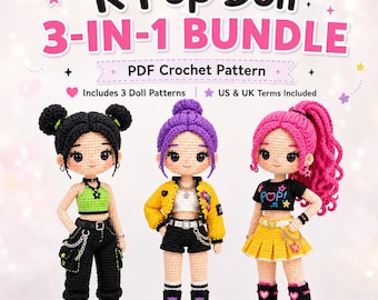 Modèles de poupées Amigurumi au crochet K-Pop, lot PDF 3 en 1, poupées Fashion Idol, modèle anglais avec tutoriel photo étape par étape
