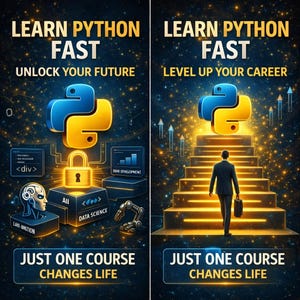 Puede incluir: Dos im&aacute;genes de arte digital que promocionan cursos de programaci&oacute;n en Python. La primera imagen muestra un logotipo de Python con un candado, rodeado de elementos de codificaci&oacute;n. La segunda imagen representa a una persona subiendo escaleras iluminadas hacia un logotipo de Python. Ambas im&aacute;genes tienen el texto "Learn Python Fast" y "Just One Course Changes Life."