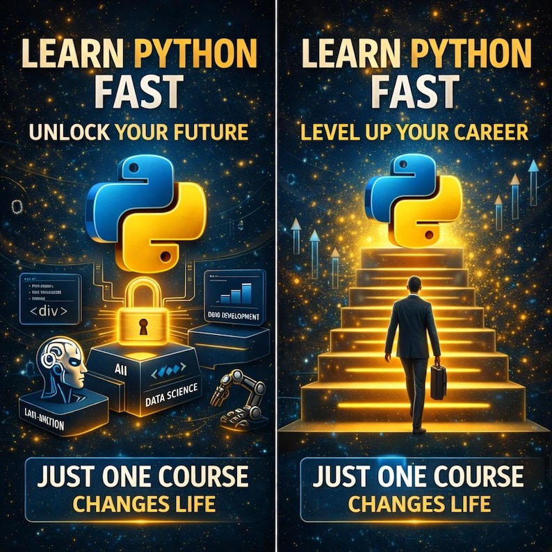 Puede incluir: Dos im&aacute;genes de arte digital que promocionan cursos de programaci&oacute;n en Python. La primera imagen muestra un logotipo de Python con un candado, rodeado de elementos de codificaci&oacute;n. La segunda imagen representa a una persona subiendo escaleras iluminadas hacia un logotipo de Python. Ambas im&aacute;genes tienen el texto "Learn Python Fast" y "Just One Course Changes Life."