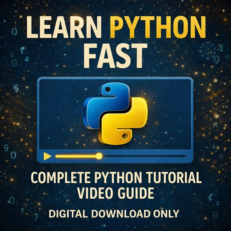 Puede incluir: Gr&aacute;fico digital con las palabras "LEARN PYTHON FAST" en blanco y amarillo. Debajo, un rect&aacute;ngulo azul con un logotipo de Python azul y amarillo, y el texto "COMPLETE PYTHON TUTORIAL VIDEO GUIDE" y "DIGITAL DOWNLOAD ONLY".