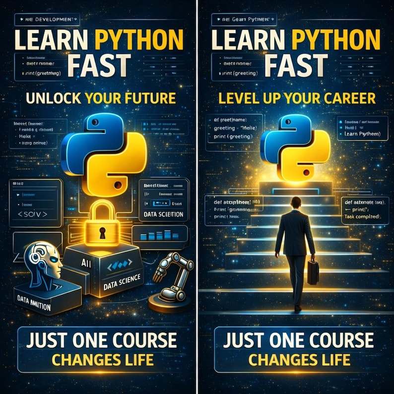 Puede incluir: Dos carteles de arte digital que promocionan cursos de programaci&oacute;n Python. El primer cartel presenta un logotipo de Python con un candado, el texto "UNLOCK YOUR FUTURE" y "JUST ONE COURSE CHANGES LIFE". El segundo cartel muestra a una persona subiendo escaleras hacia un logotipo de Python, con el texto "LEVEL UP YOUR CAREER".