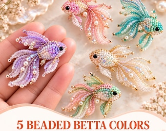 May include: Five handcrafted beaded betta fish brooches in various color combinations including pink, teal, purple, gold, and multicolored. Each fish features intricate beadwork, small pearls, and a black eye. Text reads 5 BEADED BETTA COLORS DIGITAL PDF PATTERN.