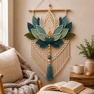 May include: A macrame wall hanging featuring a large lotus flower design in shades of cream, sage green, teal, and dark green. The piece is suspended from a wooden dowel and includes wooden beads, intricate knotted patterns, and a long teal tassel.