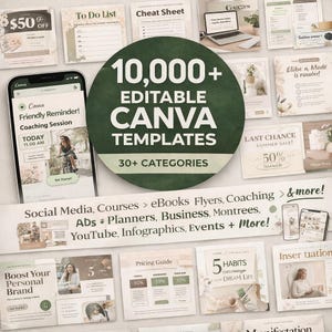 Puede incluir: Una colección de plantillas digitales para Canva, incluyendo gráficos para redes sociales y eBooks. La imagen muestra un teléfono con una sesión de coaching de Canva, rodeado de ejemplos de plantillas, con el texto "10,000+ Plantillas Canva Editables".