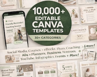 Plus de 10 000 modèles Canva modifiables, réseaux sociaux, flyers, livre électronique, article personnalisable pour petite entreprise, plus de 30 catégories, téléchargement numérique
