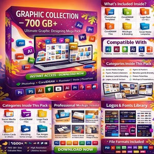 May include: A graphic design mega pack with over 700 GB of content, including Photoshop templates, CorelDRAW files, and logos. The image features laptops displaying design elements, with the text "GRAPHIC COLLECTION" and "INSTANT ACCESS - DOWNLOAD NOW".