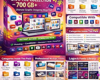 Paquete de diseño gráfico de más de 700 GB / Acciones de Photoshop / Kit de herramientas definitivo para diseño gráfico CorelDRAW Illustrator Logotipos Fuentes Maquetas PNG