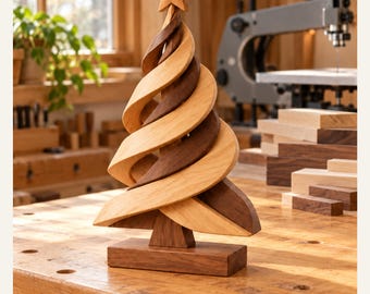 May include: A decorative wooden Christmas tree sculpture featuring a spiraling design with alternating light and dark wood tones. The tree is topped with a five-pointed star and stands on a rectangular wooden base, showcasing smooth, curved layers.