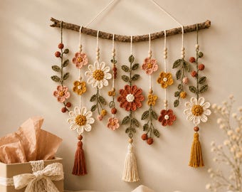 Crochet Flower Wall Decor, Handmade Floral Macrame Hanging, Boho Farmhouse Wall Art, Autumn Decor, Nursery Decor, Living Room Wall Hanging