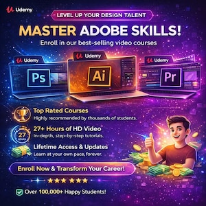 May include: Promotional graphic for Udemy courses. The image features laptops displaying Adobe software logos: Ps, Ai, and Pr. Text highlights "Master Adobe Skills!" and course benefits like "Top Rated Courses" and "27+ Hours of HD Video." A cartoon character gives a thumbs up.