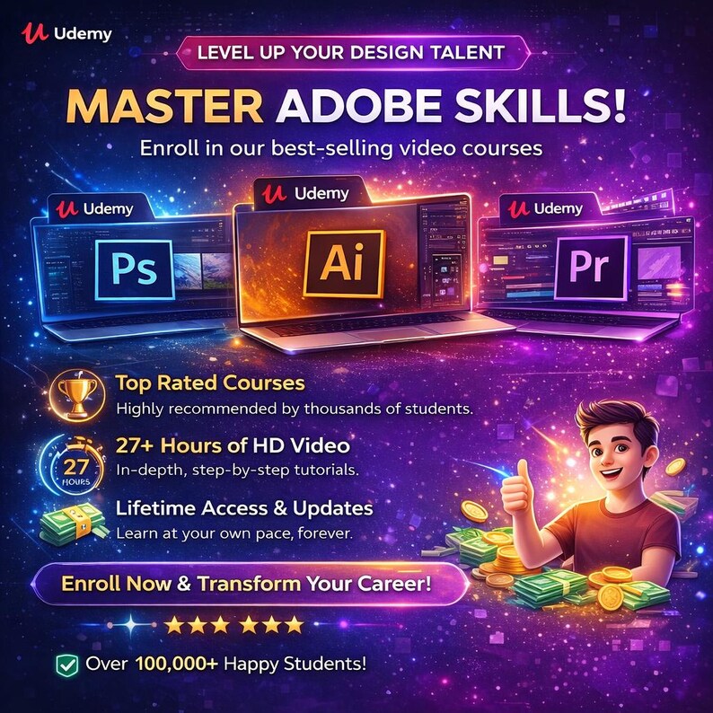 May include: Promotional graphic for Udemy courses. The image features laptops displaying Adobe software logos: Ps, Ai, and Pr. Text highlights "Master Adobe Skills!" and course benefits like "Top Rated Courses" and "27+ Hours of HD Video." A cartoon character gives a thumbs up.