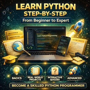 Puede incluir: Ilustraci&oacute;n digital que promueve la educaci&oacute;n en programaci&oacute;n Python. La imagen presenta una computadora port&aacute;til que muestra c&oacute;digo, un tel&eacute;fono inteligente y un cohete. El texto incluye "Aprende Python paso a paso" y "De principiante a experto". Iconos para conceptos b&aacute;sicos, proyectos, cuestionarios y avanzado.