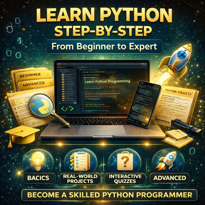 Puede incluir: Ilustraci&oacute;n digital que promueve la educaci&oacute;n en programaci&oacute;n Python. La imagen presenta una computadora port&aacute;til que muestra c&oacute;digo, un tel&eacute;fono inteligente y un cohete. El texto incluye "Aprende Python paso a paso" y "De principiante a experto". Iconos para conceptos b&aacute;sicos, proyectos, cuestionarios y avanzado.