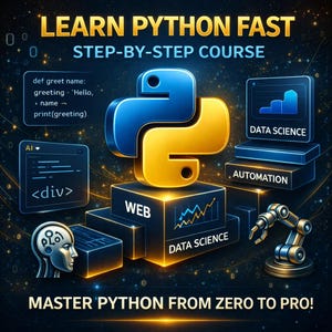Puede incluir: Una imagen digital que promociona un curso de programaci&oacute;n en Python. La imagen presenta un logotipo de Python azul y amarillo, junto con el texto "Learn Python Fast" y "Master Python From Zero To Pro!". Tambi&eacute;n incluye "Web", "Data Science" y "Automation".