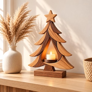 May include: A wooden Christmas tree candle holder featuring a star topper and a central circular cutout. The structure is crafted from two-toned light and dark wood, with a small white tea light candle resting on a circular base.