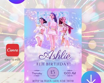 Invitación de cumpleaños estilo anime K-Pop: Fiesta de Huntrix, plantilla editable de Canva (tarjeta digital)
