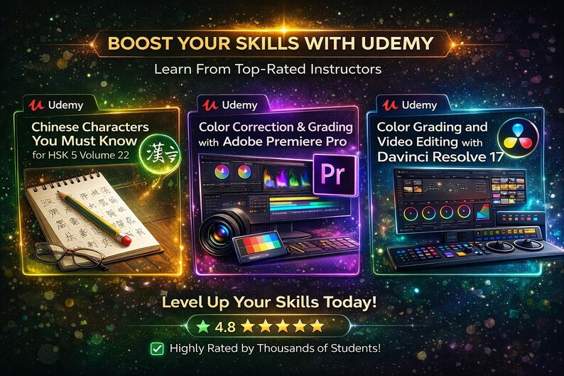 May include: An advertisement for Udemy courses. The image features three course previews: "Chinese Characters You Must Know", "Color Correction & Grading with Adobe Premiere Pro", and "Color Grading and Video Editing with Davinci Resolve 17". The courses are highly rated.