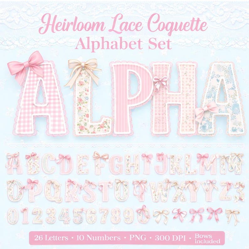 Grandmillennial Lace Trim Alphabet Set | Preppy Floral | Coquette Bow ...